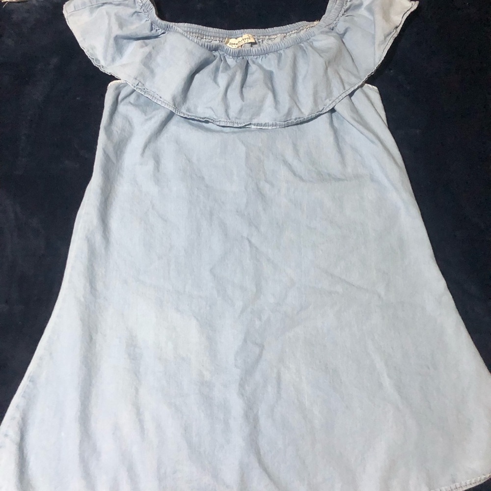 Speed Control New York Light Blue Chambray Off The Shoulder Ruffle Dress